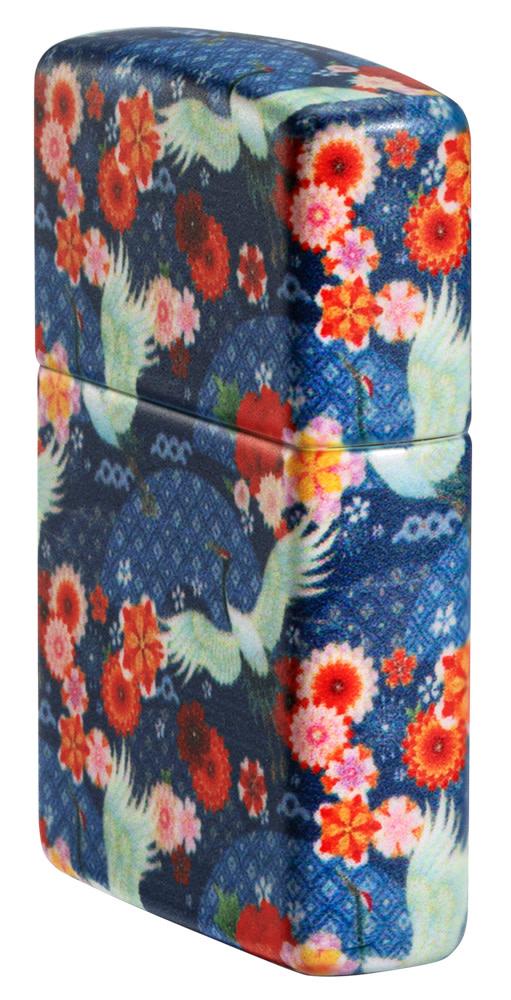 Kimono Design 540 Color Windproof Lighter standing at an angle, showing the front and right side of the lighter.