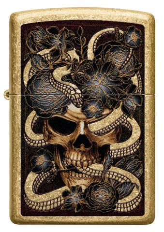 Front view of Snake Bouquet Design Tumbled Brass Windproof Lighter.