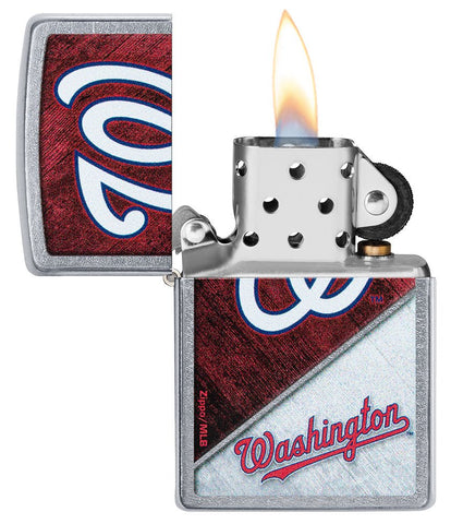 MLB™ Washington Nationals™ Street Chrome™ Windproof Lighter with its lid open and lit.