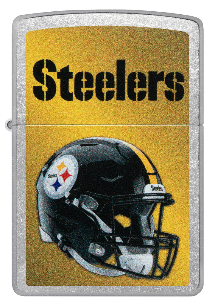 Front shot of NFL Pittsburgh Steelers Helmet Street Chrome Windproof Lighter.