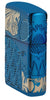 Skull Design Armor® High Polish Blue Windproof Lighter standing at an angle, showing the front and right side of the lighter.