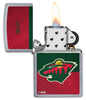 NHL® Minnesota Wild Street Chrome™ Windproof Lighter with its lid open and lit