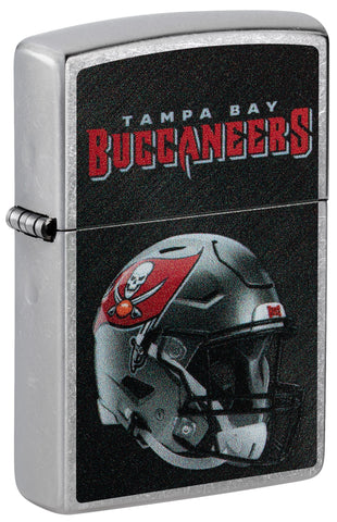 Front shot of NFL Tampa Bay Buccaneers Helmet Street Chrome Windproof Lighter standing at a 3/4 angle.