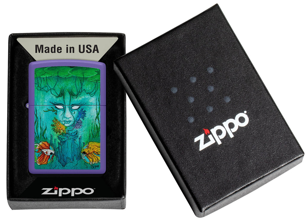 Zippo Sean Dietrich Brackish Design Purple Matte Windproof Lighter in its packaging.