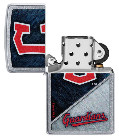 MLB™ Cleveland Guardians™ Street Chrome™ Windproof Lighter with its lid open and unlit.