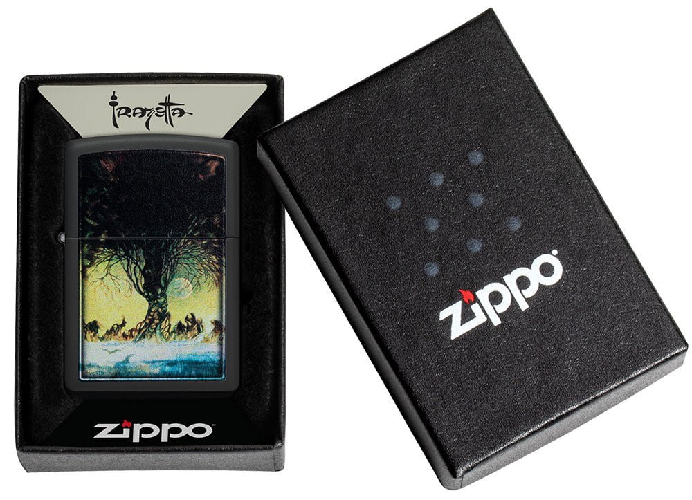 Frank Frazetta Tree Design Black Matte Windproof Lighter in its packaging.