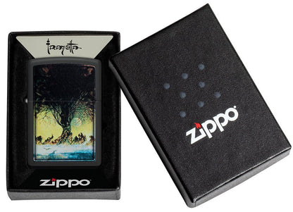 Frank Frazetta Tree Design Black Matte Windproof Lighter in its packaging.