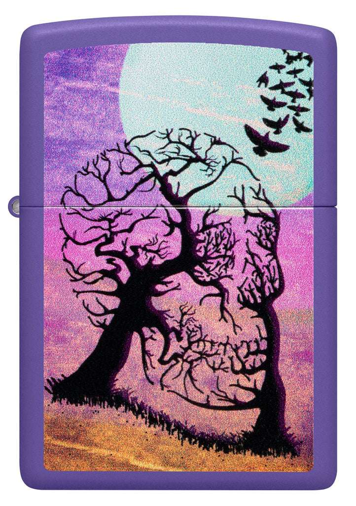 Front view of Zippo Skull Tree Design Purple Matte Windproof Lighter.