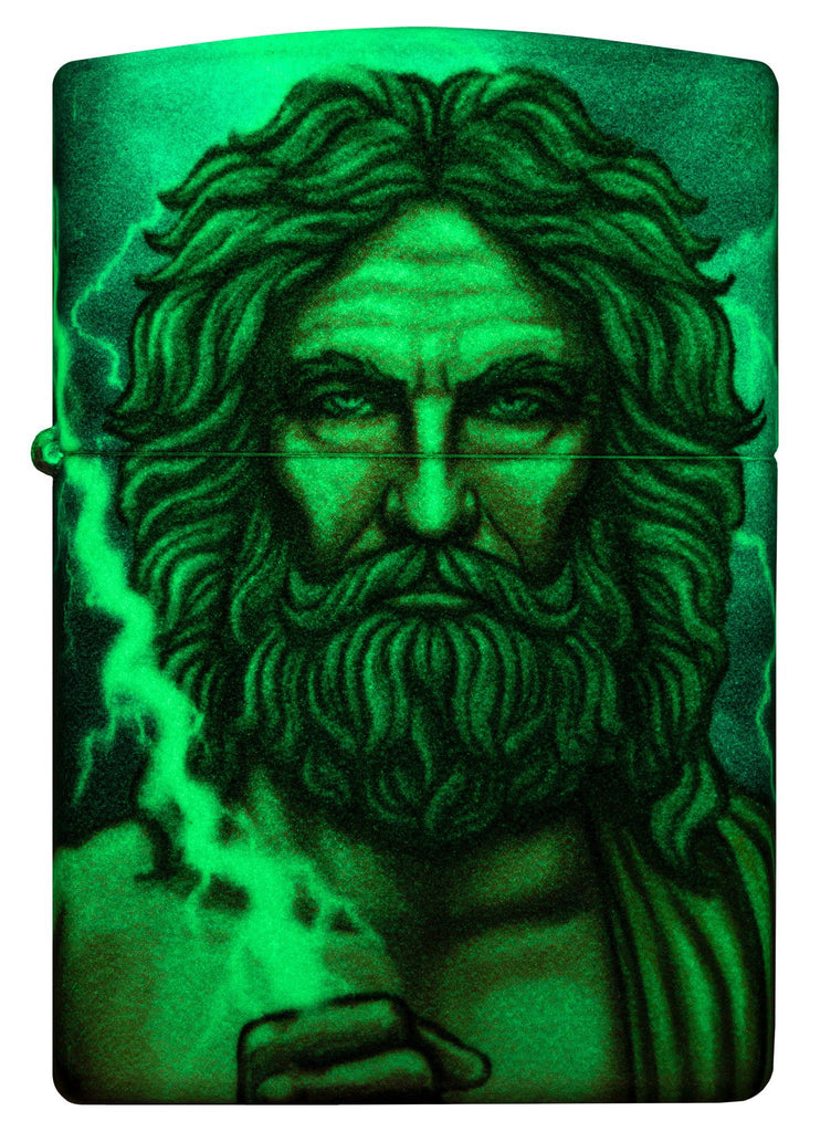 Front view of the Greek God Clash Design Glow in the Dark 540 Color Windproof Lighter glowing in the dark.