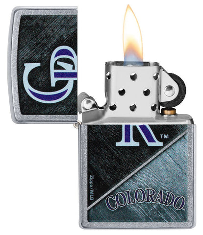 MLB® Colorado Rockies™ Street Chrome™ Windproof Lighter with its lid open and lit.