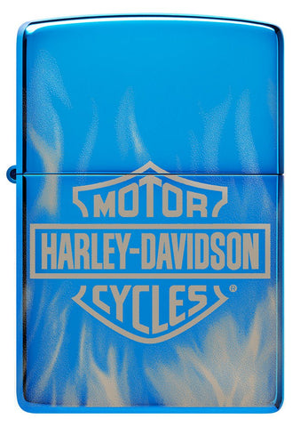 Front shot of Harley-Davidson 360° Flames High Polish Blue Windproof Lighter.