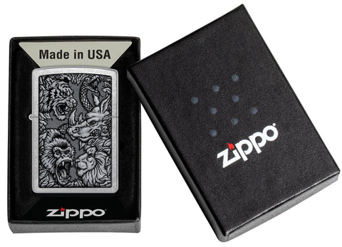 Zippo Jungle Design Street Chrome Windproof Lighter in its packaging.