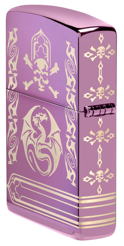 Angled shot of Zippo Anne Stokes Laser 360 High Polish Purple Windproof Lighter showing the back and hinge side of the lighter.