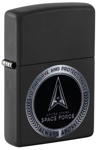 Front shot of Zippo U.S. Space Force Design Black Matte Windproof Lighter standing at a 3/4 angle.