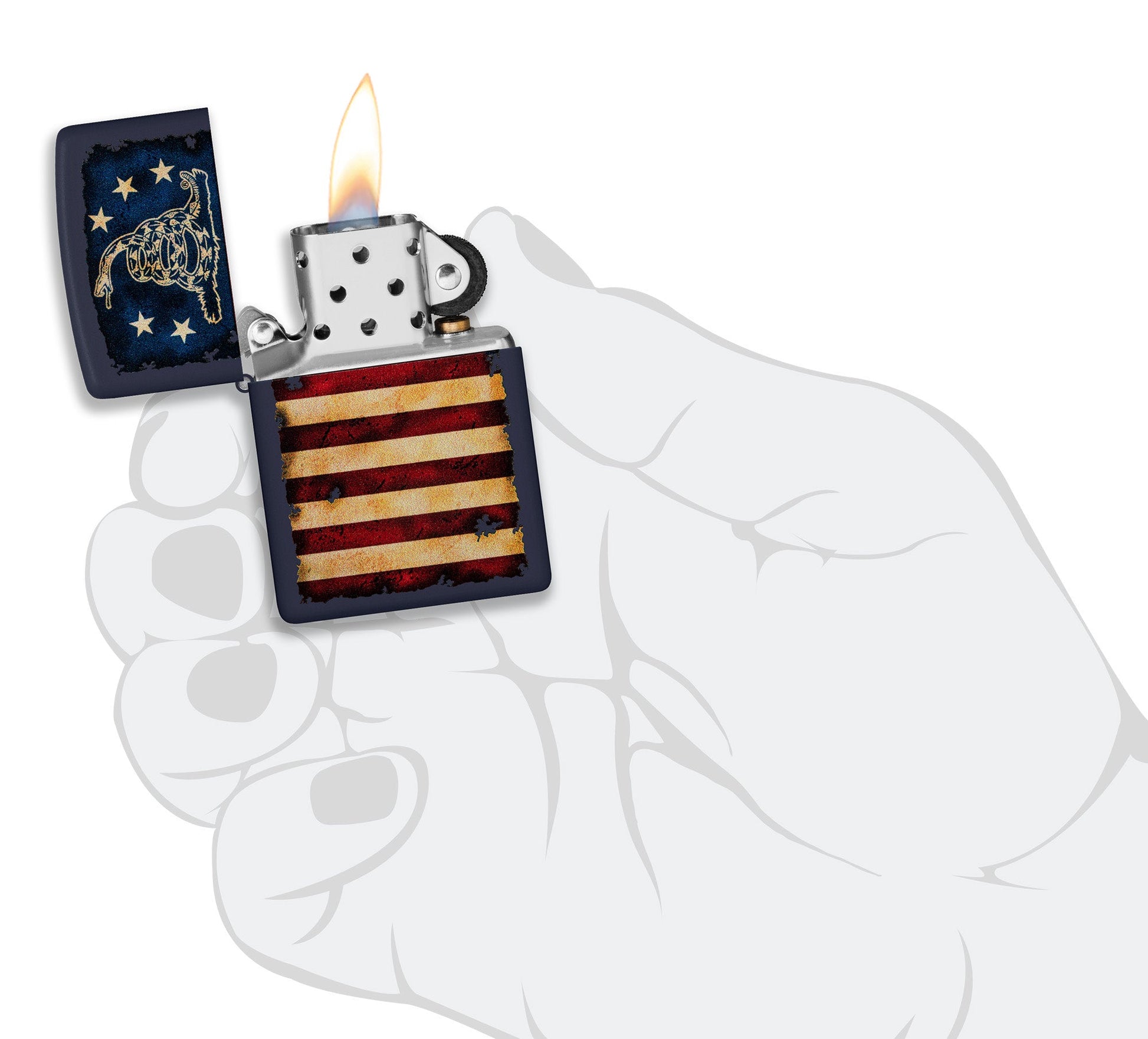 Zippo Don't Tread On Me US Flag Navy Matte Windproof Lighter lit in hand.