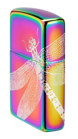 Angled shot of Zippo Dragonfly Design Multi Color Windproof Lighter showing the front and right side of the lighter.