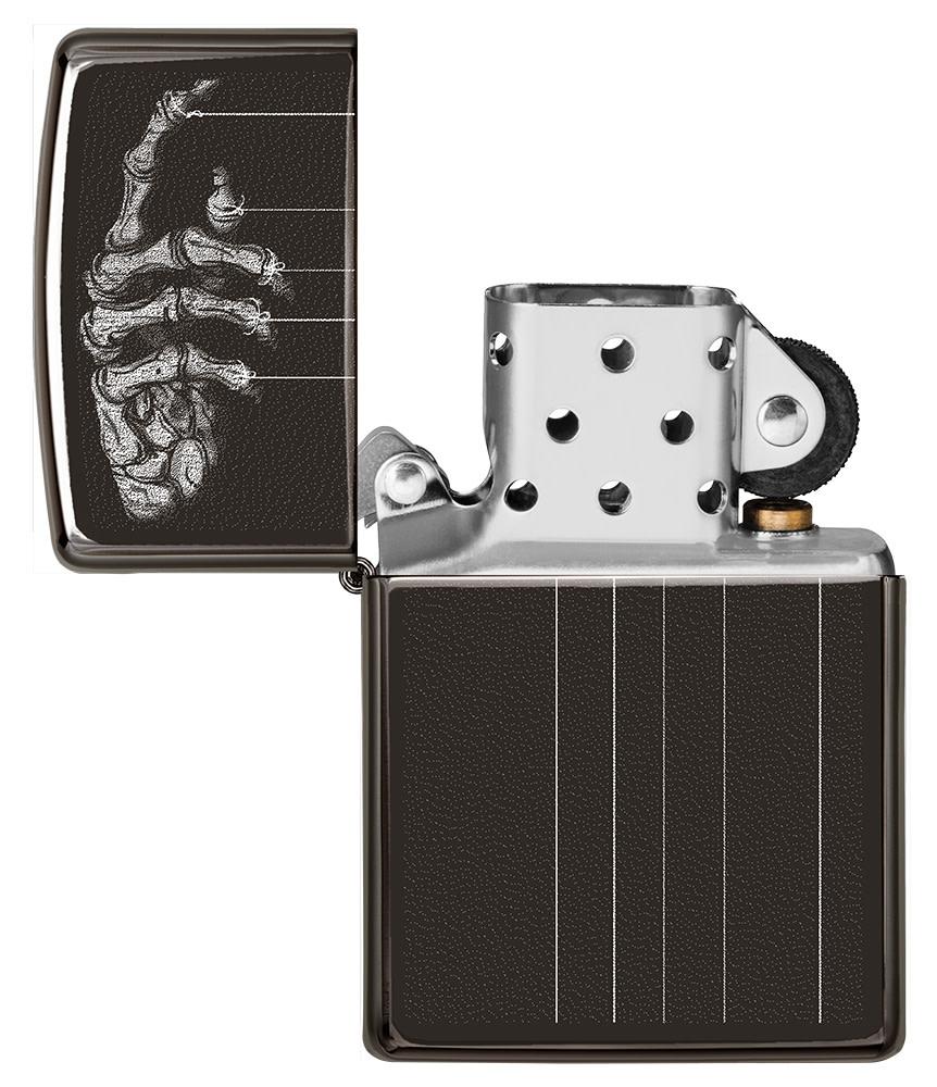 Skeleton Puppet Strings High Polish Black Windproof Lighter with its lid open and unlit