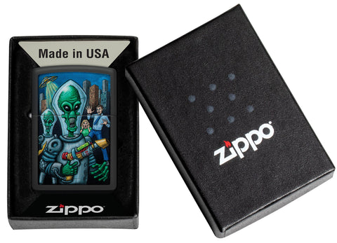 Zippo Alien Attack Design Black Matte Pocket Lighter in its packaging.