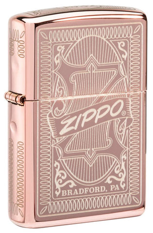 Front shot of Reimagine Zippo High Polish Rose Gold Windproof Lighter standing at a 3/4 angle