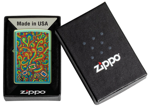 Psychedelic Imagery Design High Polish Teal Windproof Lighter in it's packaging.