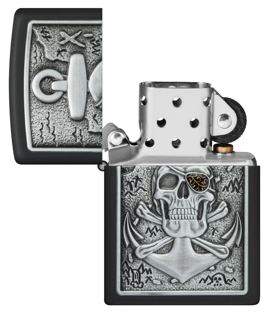 Skull Anchor Emblem Design Black Matte Windproof Lighter with its lid open and unlit.
