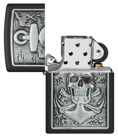 Skull Anchor Emblem Design Black Matte Windproof Lighter with its lid open and unlit.