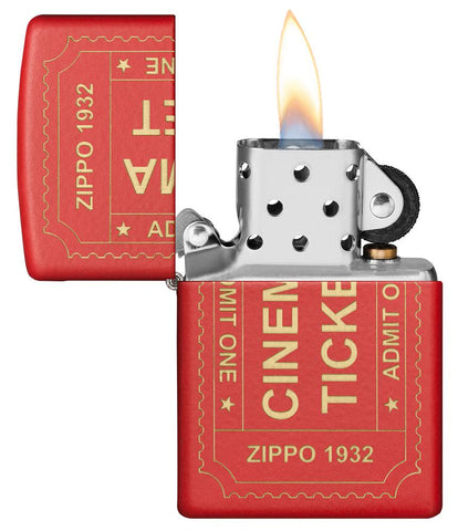 Cinema Ticket Red Matte Windproof Lighter with its lid open and lit
