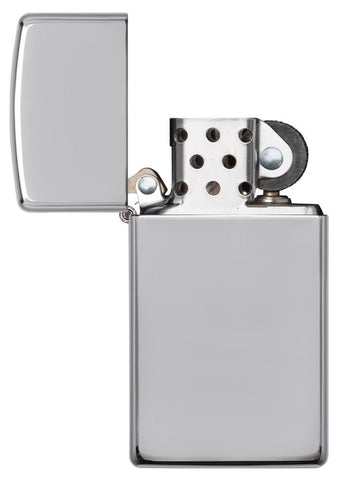 Zippo Slim® Armor High Polish Chrome Lighter with its lid open and unlit.