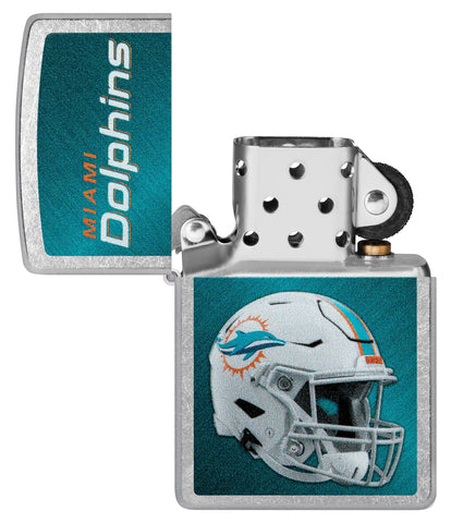 NFL Miami Dolphins Helmet Street Chrome Windproof Lighter with its lid open and unlit.