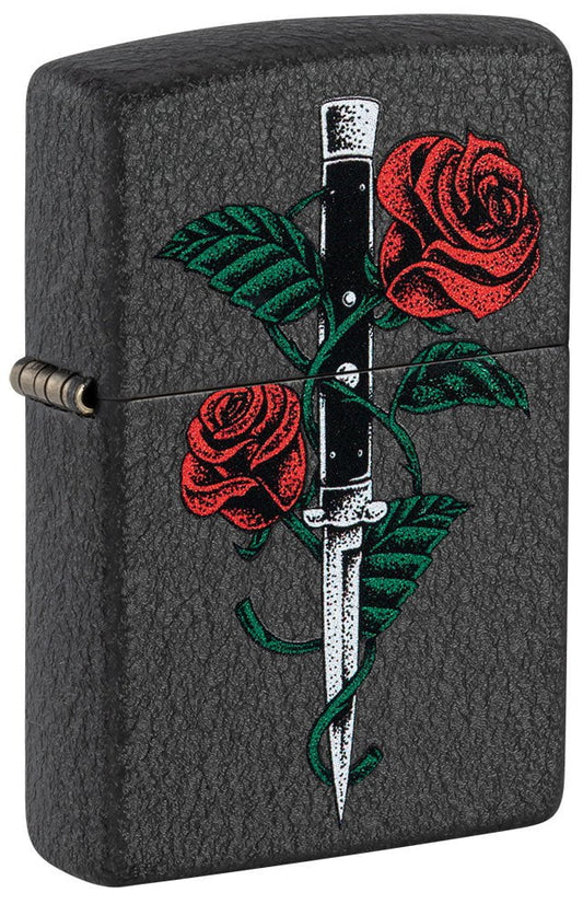 Front shot of Rose Dagger Tattoo Design Black CrackleÂ® Windproof Lighter standing at a 3/4 angle.