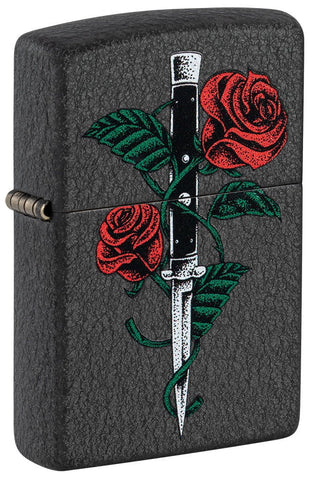 Front shot of Rose Dagger Tattoo Design Black Crackle® Windproof Lighter standing at a 3/4 angle.