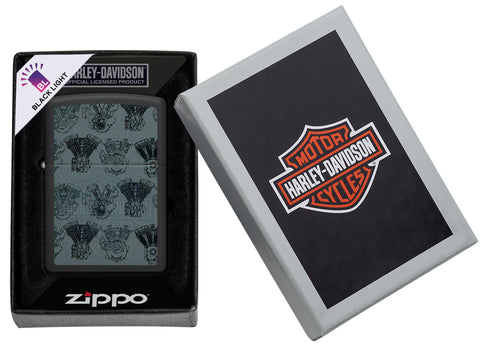 Zippo Harley-Davidson Black Light Logo Black Matte Windproof Lighter in its packaging.