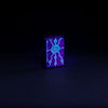 Glamour shot of Zippo John Smith Gumbula Black Light Design Black Matte Windproof Lighter glowing with a black light.