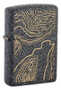 Front shot of Topo Map Design Iron Stone Windproof Lighter standing at a 3/4 angle