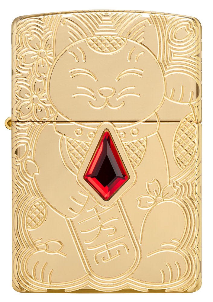 Front shot of Lucky Cat Design Emblem Attached ArmorÂ® High Polish Brass Windproof Lighter.