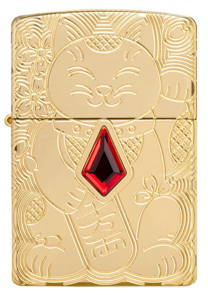 Front shot of Lucky Cat Design Emblem Attached ArmorÂ® High Polish Brass Windproof Lighter.