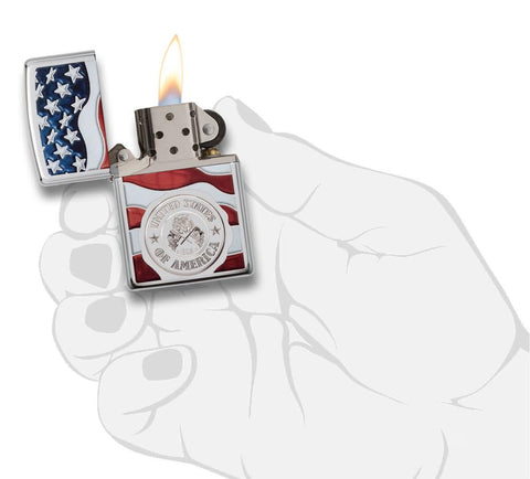 United States Stamp on American Flag Chrome Windproof Lighter lit in hand