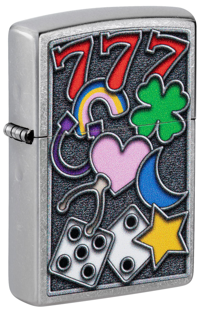 Front shot of Zippo All Luck Design Street Chrome Windproof Lighter standing at a 3/4 angle.