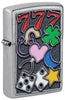 Front shot of Zippo All Luck Design Street Chrome Windproof Lighter standing at a 3/4 angle.