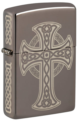 Front shot of Zippo Laser Engraved Celtic Cross Design Black Ice Windproof Lighter standing at a 3/4 angle.