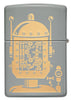 Robot Design Flat Gret Windproof Lighter with its lid open and unlit