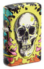Front shot of Zippo Trippy Skull Design Glow in the Dark 540 Color Windproof Lighter standing at a 3/4 angle.
