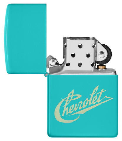 Chevy Script Logo Flat Turquoise Windproof Lighter with its lid open and unlit.