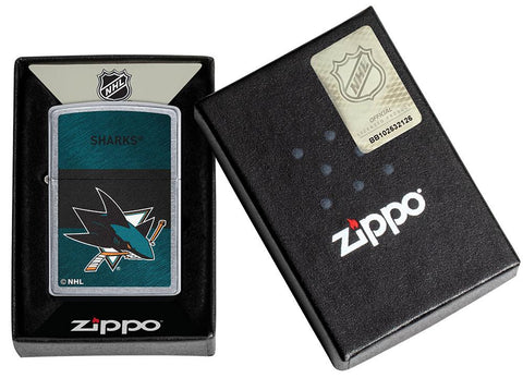 NHL® San Jose Sharks Street Chrome™ Windproof Lighter in its packaging