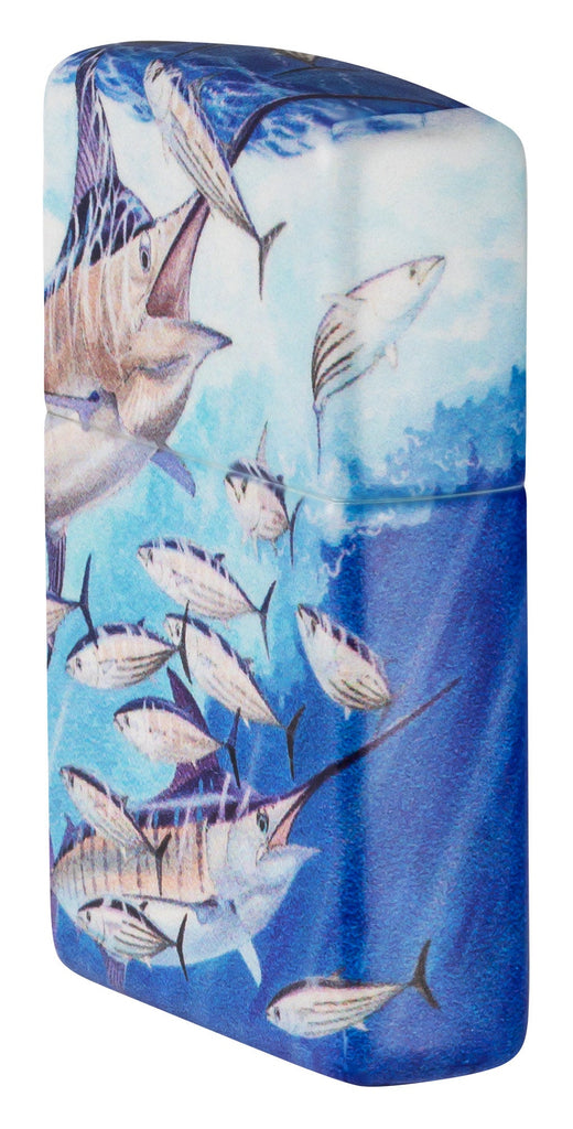 Angled shot of Zippo Guy Harvey 2023 Artist Livestream Windproof Lighter showing the front and right side of the lighter.