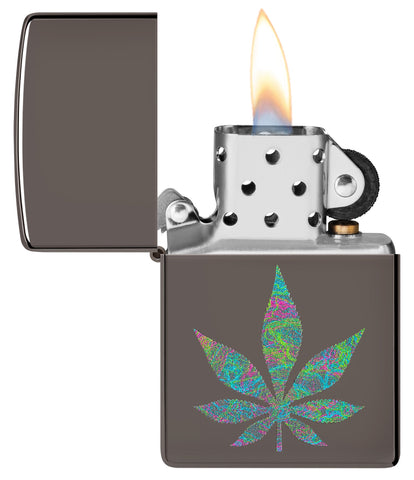 Zippo Funky Cannabis Design Black Ice Windproof Lighter with its lid open and lit.