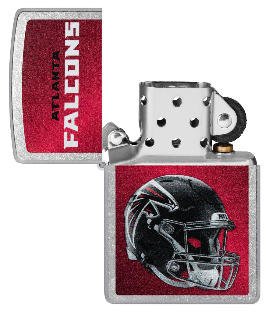 NFL Atlanta Falcons Helmet Street Chrome Windproof Lighter with its lid open and unlit.