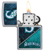MLB™ Seattle Mariners™ Street Chrome™ Windproof Lighter with its lid open and lit.