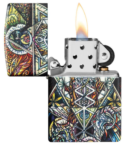 Abstract Psychedelia 540 Color Glow-In-The-Dark Windproof Lighter with its lid open and lit