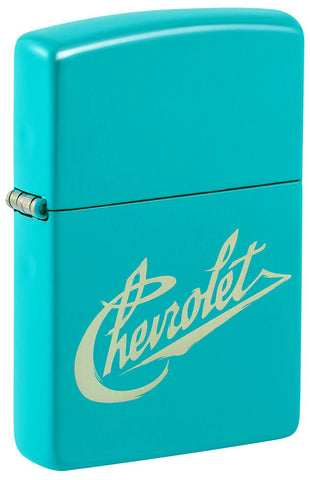 Front shot of Chevy Script Logo Flat Turquoise Windproof Lighter standing at a 3/4 angle.
